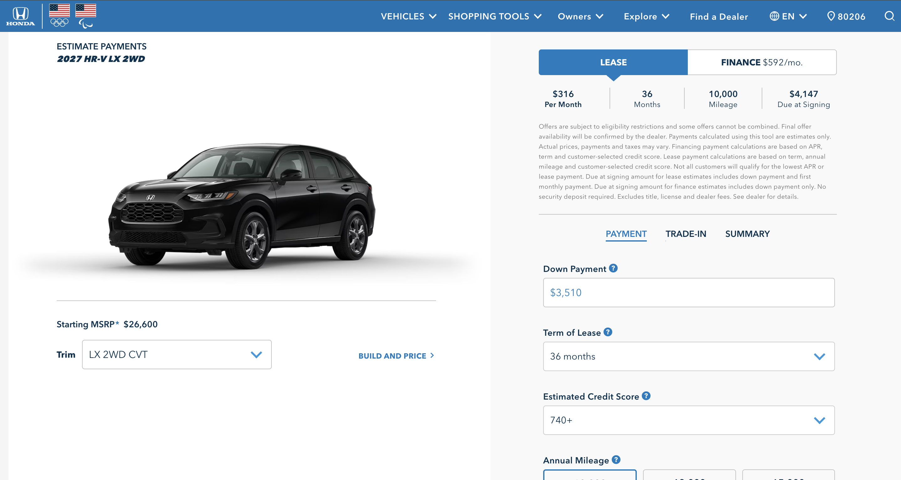 Honda Payment Estimator at automobiles.honda.com — the monthly payment calculator combining model selection, inventory price band, active incentive, and buyer inputs (down payment, term, credit band) to close the loop across all five shopping tools.